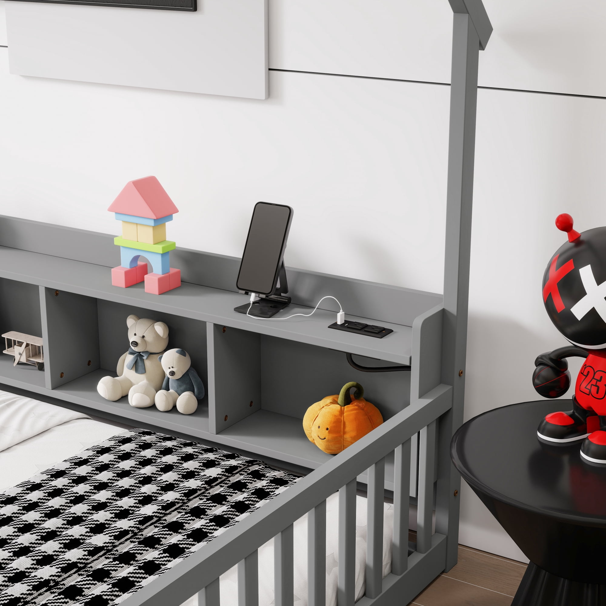 Leumius Full Size House Floor Bed with Storage Shelves,Built-in LED Lights & Charging Station,Pine Wood Floor Bed Frame with Safety Guardrails for Kids Bedroom Grey