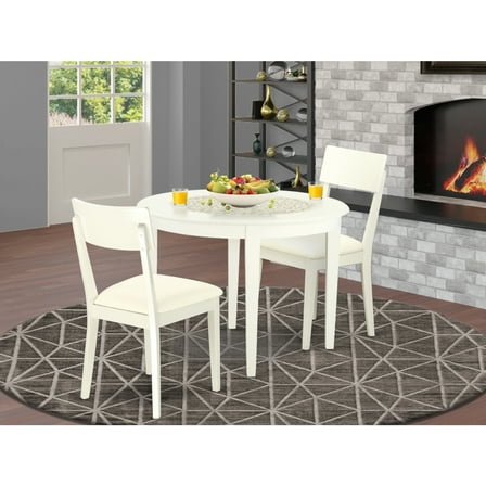 Kitchen Table Set 3pc Round Dining Table & Chairs Linen White Faux Leather