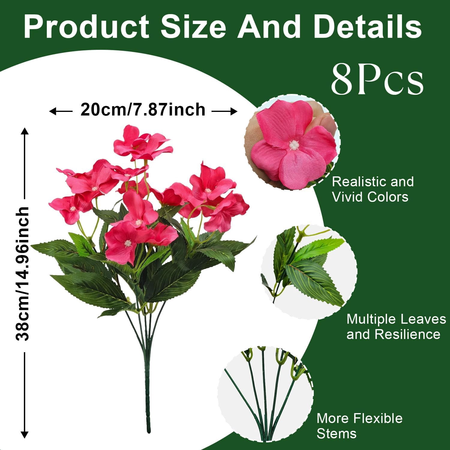 8 Bundles Artificial Impatiens for Outdoors UV Resistant Artificial Outdoor Flower Bouquet Fake Flowers Faux Plants Silk  Window Box Planter Decor(Rose Red)