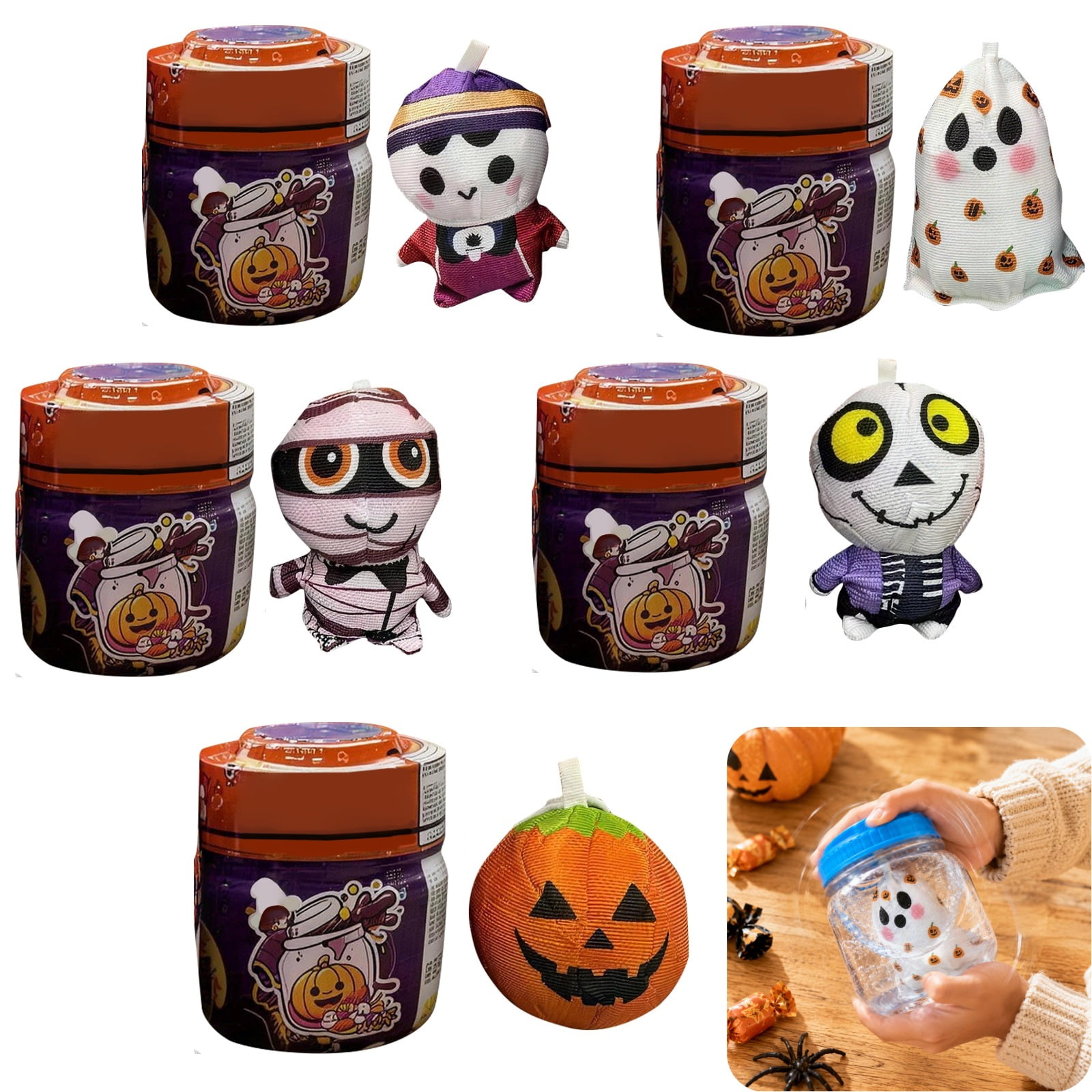 3Pcs Halloween Magic Surprise Plush Water Activated Wobble Toy Random 1 Of 5 Spooky Characters Collectible Canned Toy For Kids Halloween Party Favors Desktop Decor Stress Relief Gift
