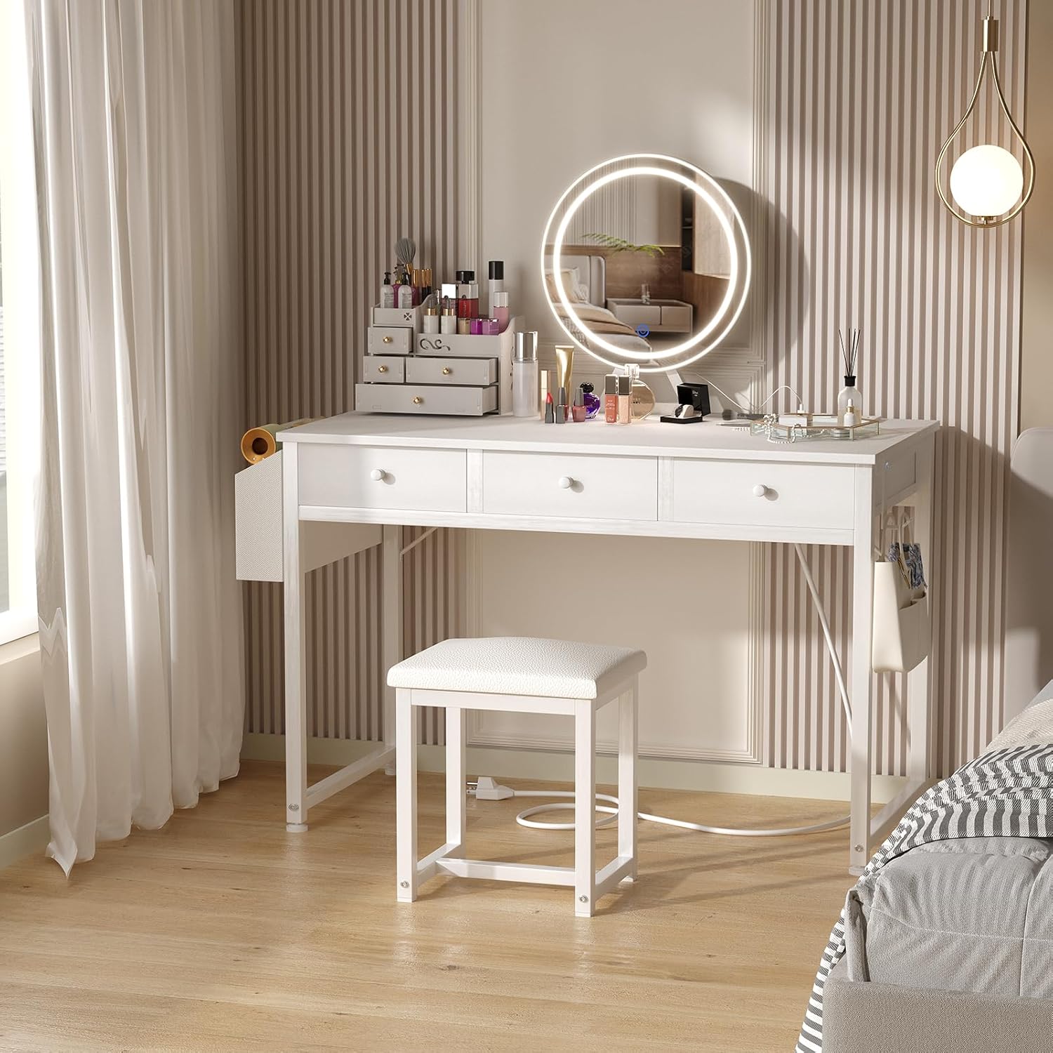 Lufeiya White Makeup Vanity Desk with Mirror and Lights, 40 inch Dressing Table with Fabric Drawers & Power Outlet Chair Set for Girls Bedroom, White