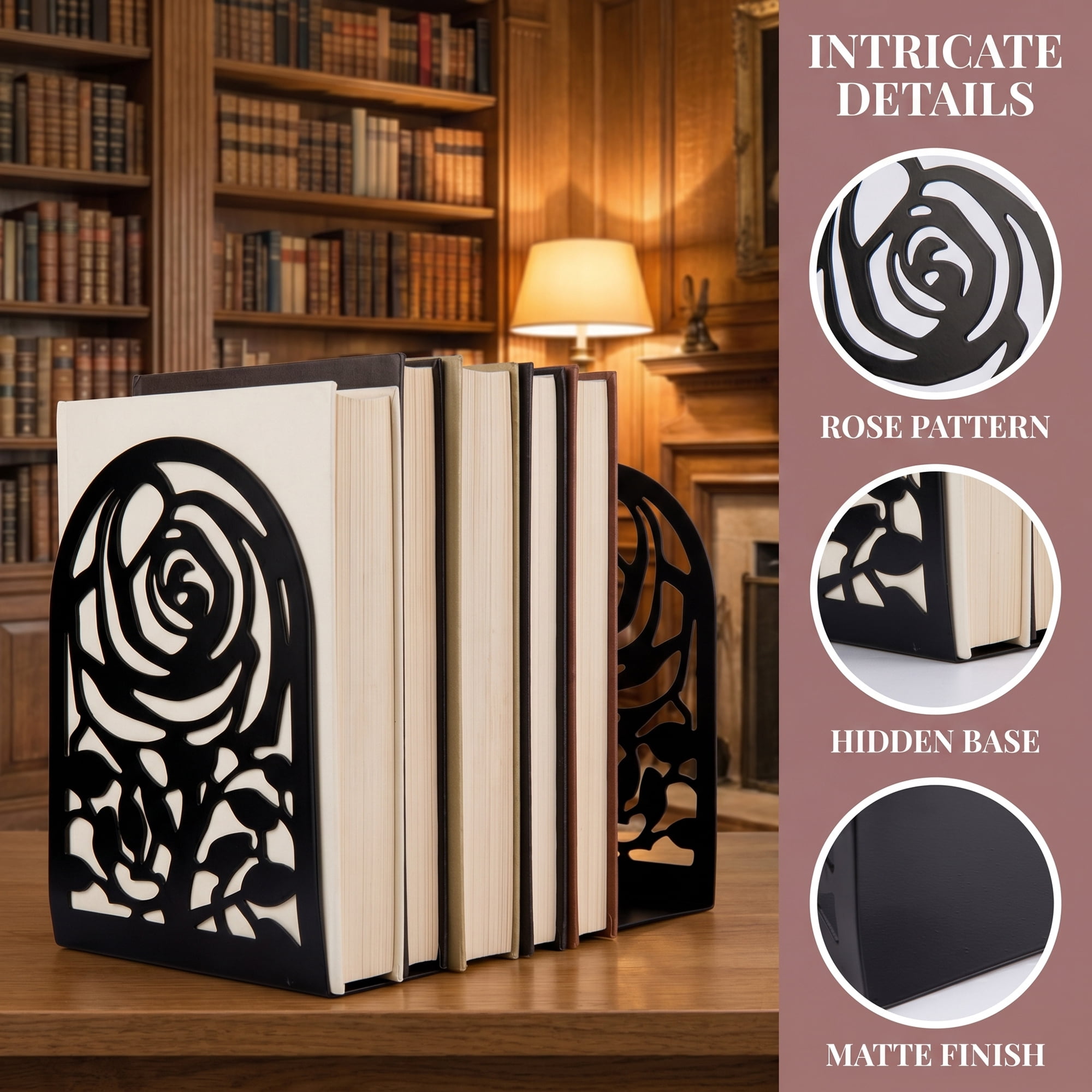 Unique Bargains Large Flower Design Floral Metal Bookends Black Style B 4.7"x3.2"x7.3"