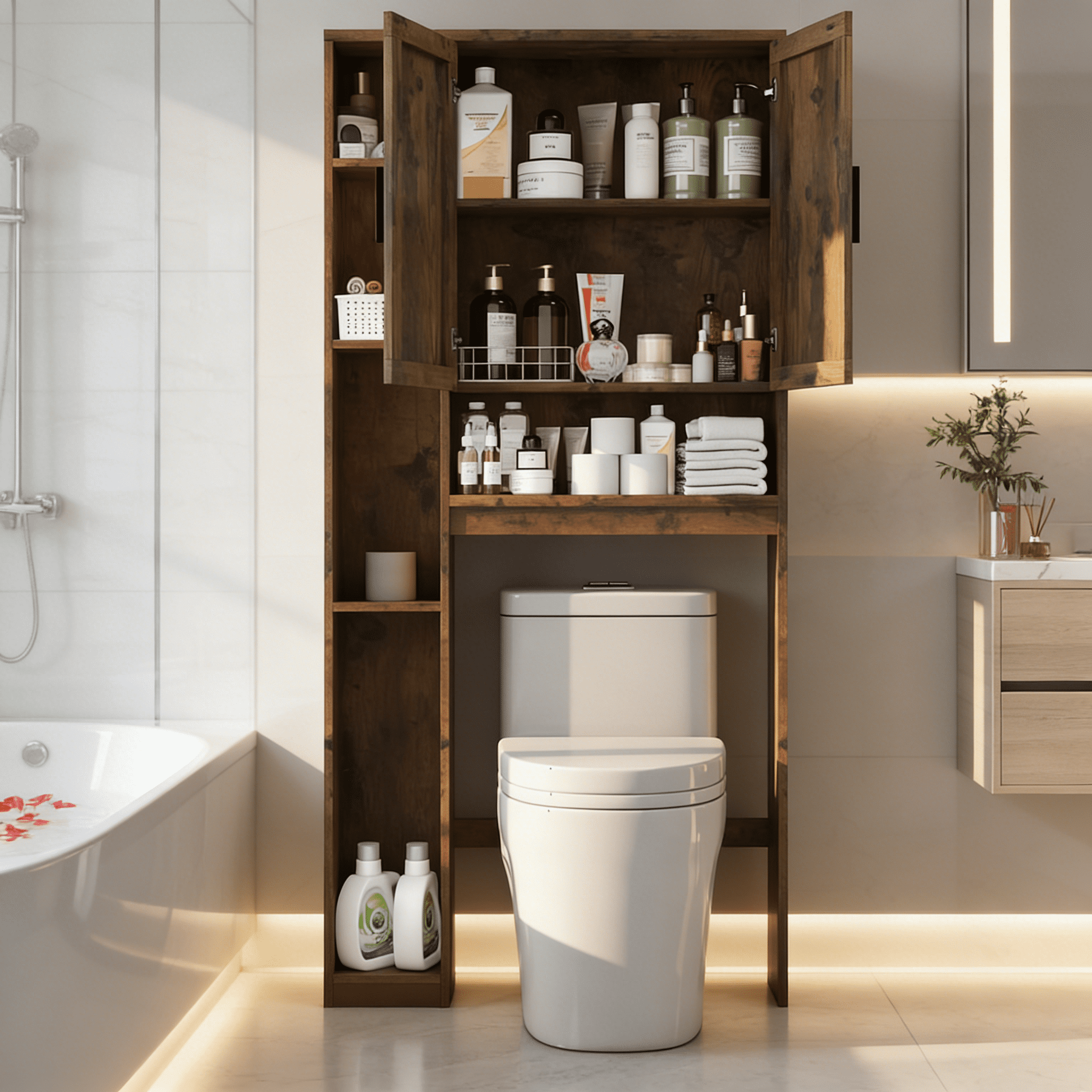 Over The Toilet Storage Cabinet with 7 Shelves, Double Doors, Bathroom Space Saver Organizer, Above Toilet with Open Shelf, Taller Wooden Paper Holder Stand, Free Standing Toilet Rack Brown