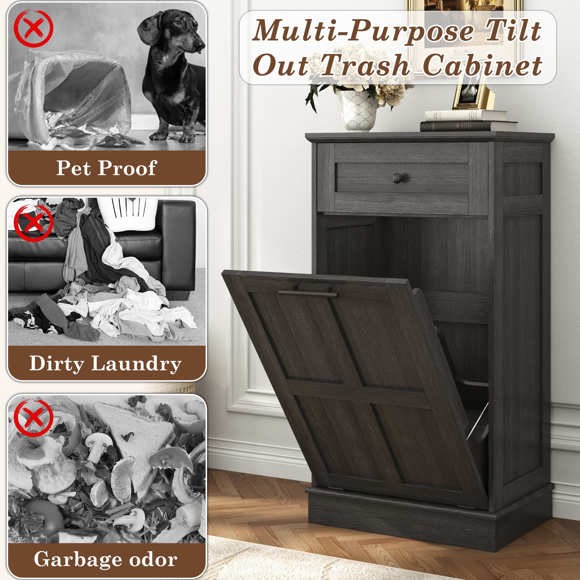Blotout Kitchen Tilt Out Trash Cabinet, Hidden Wooden Trash Can with Drawer, Pet Proof Freestanding Kitchen Recycling Cabinet for Kitchen, Kitchen, Living Room