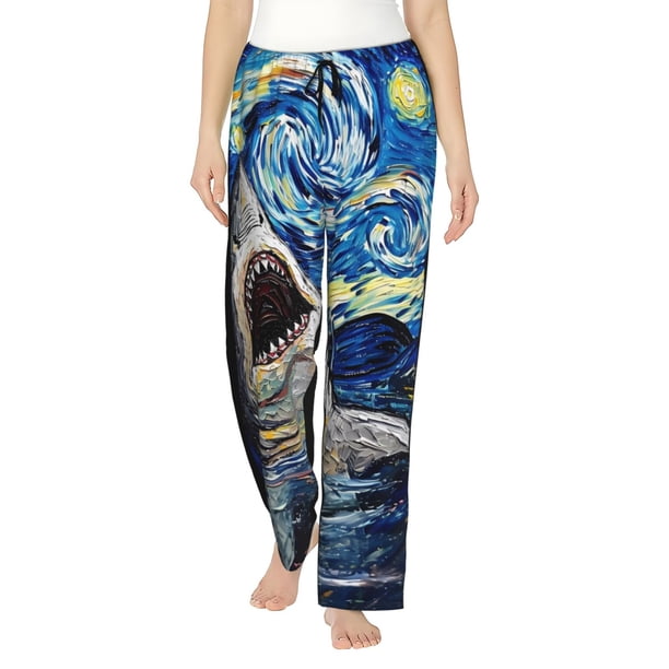 Fotbe Vintage Starry Sky Shark Pantalones de Pijama para Mujer, Pantalones de Dormir, Pantalones Pj con Cordón y Bolsillos-Medium