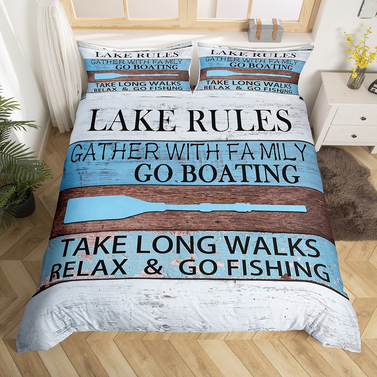 Lake Rules Bedding Set, Lake Paddle Duvet Cover Twin Retro Rustic