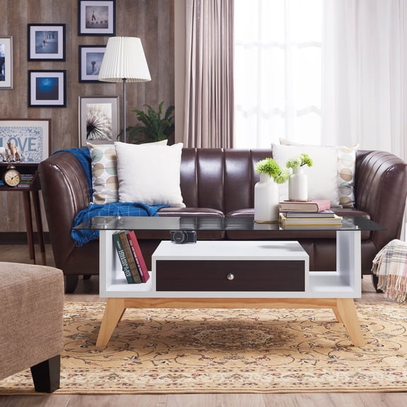 Tevi 1-Drawer Glass Top Coffee Table, Espresso