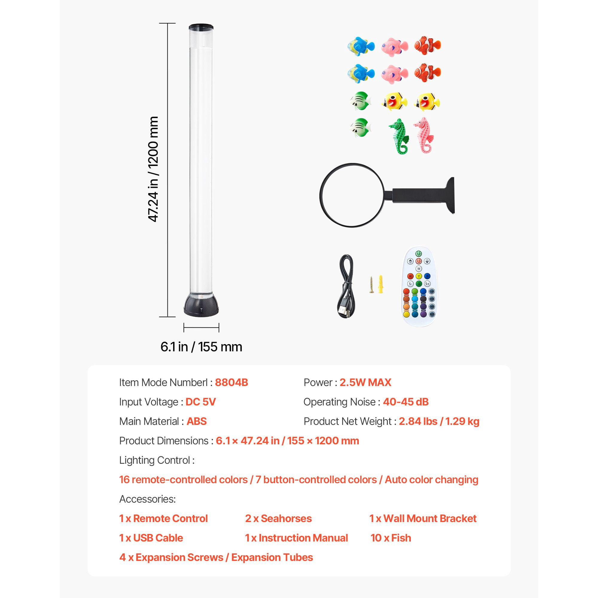 48 Inch Floor Standing Sensory Bubble Lamp, 16 Color LED Bubble Fish Jellyfish Water Tube Light with Remote, 40-45dB Quiet 8H Auto Off Anti-Tip Base for Autism ADHD Anxiety Home Therapy Decor