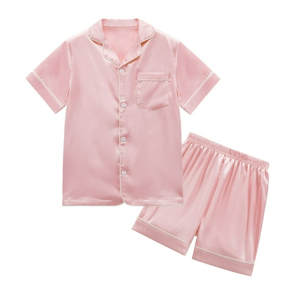 SILVERCELL 4T-14T Unisex Girls Boys Satin Pajamas Set 2Pcs Short Sleeve Sleepwear Silk Button-Down PJs Sets Nightwear Loungewear Gifts For Teens Kids