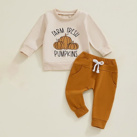 XIMIN Toddler Kids Halloween Outfit Boy Girl Cute Alphabet Pumpkin Letter Graphic Long Sleeve Sweatshirt Drawstring Pants 2 Piece Fall Winter (Beige, 18-24 Months)