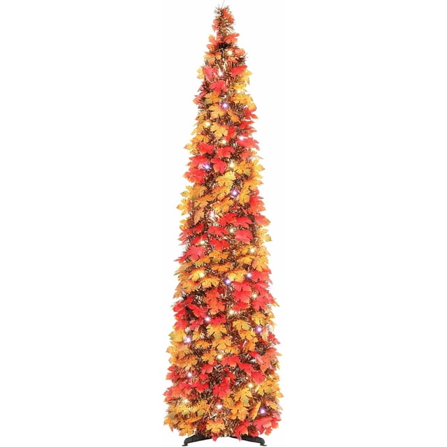Fall Tree Home Decor Pop Up Tree with Lights & Timer & Modes Collapsible Tinsel Pencil Tree for Autumn Harvest Porch Thanksgiving Party Decorations Maple Leaves