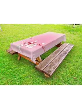 Peach Outdoor Tablecloth, Japanese Inspired Cherry Blossom Branch Sakura Flowers in Soft Colored Spring Time, Decorative Washable Fabric Picnic Tablecloth, 58 X 104 Inches, Pink White, by Ambesonne