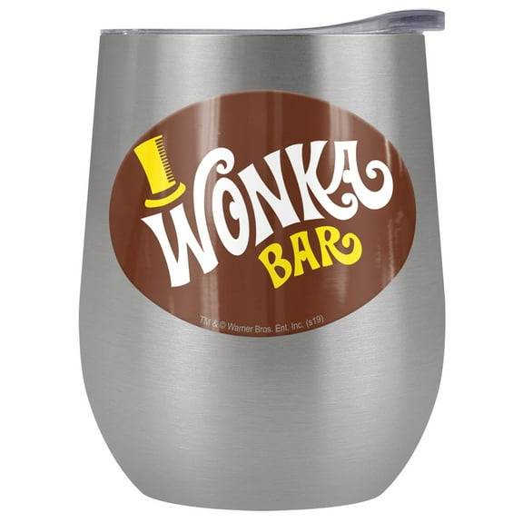 Willy Wonka And the Chocolate Factory Official Wonka Bar Logoable 12 OZ Stemless Wine Tumbler, Stainless Steel Travel Cup|Lake Tumbler|Insulated with Leak Resistant Slide-Lock Lid, Stainless Steel