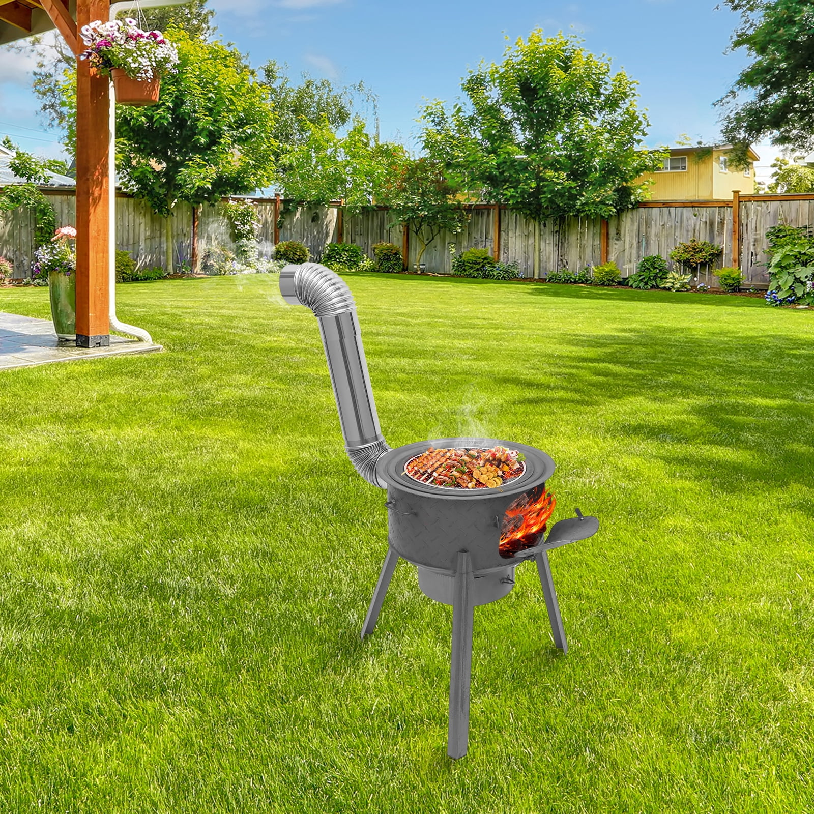 Wood Burning Stove with Grill Grate and 3 Wok Rings, Multifunction Charcoal Grill for 25-45cm/9.84-17.72in Diameter Cookware, Camping Wood Stove for Indoor/Outdoor, Camping, Picnic