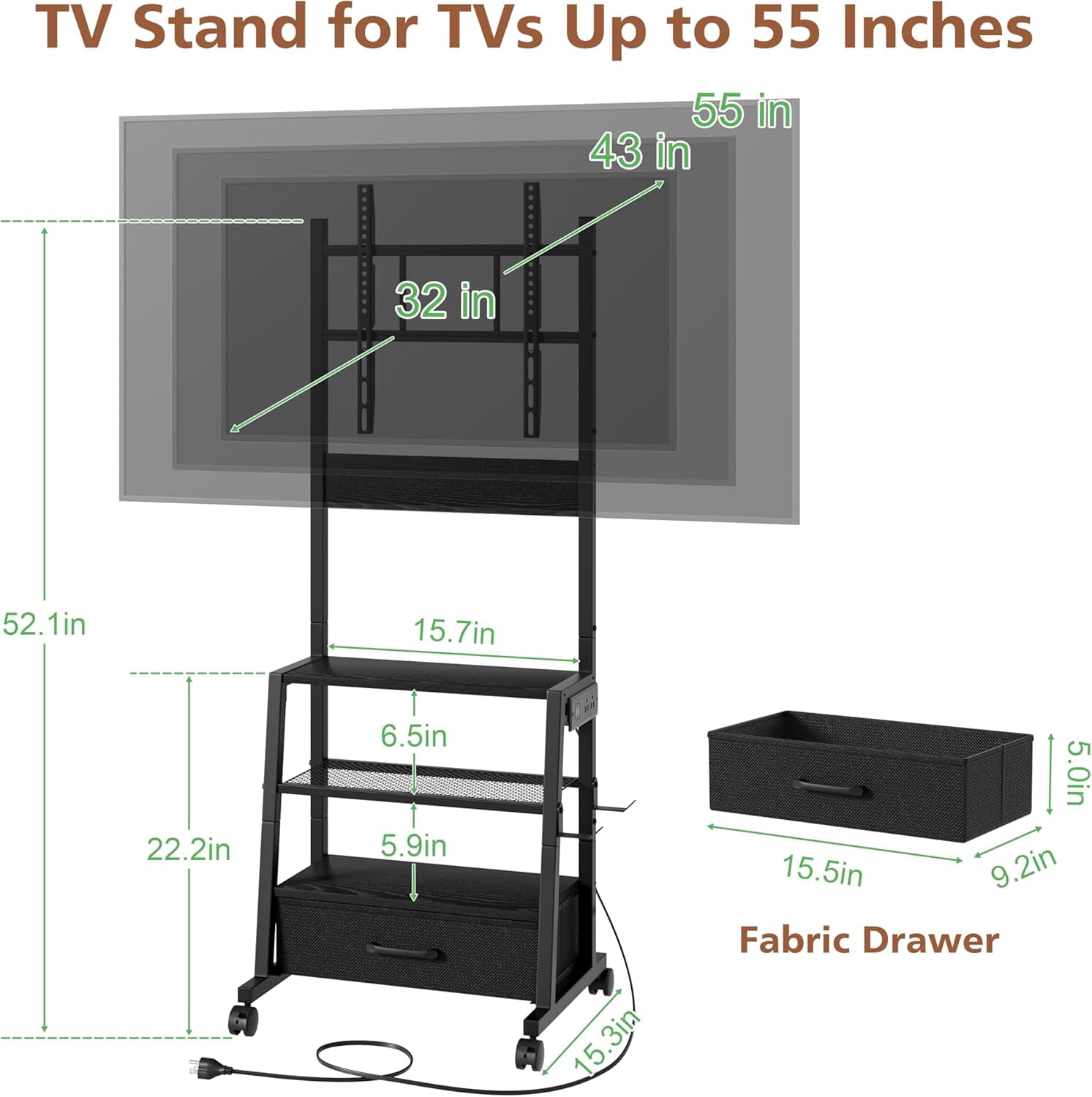 Rolling TV Stand with Wheels and Mount - Small Corner TV Stand with Power Outlet for 32-55 inch TV, Entertainment Center with Fabric Drawer Storage for Living Room Bedroom, Black