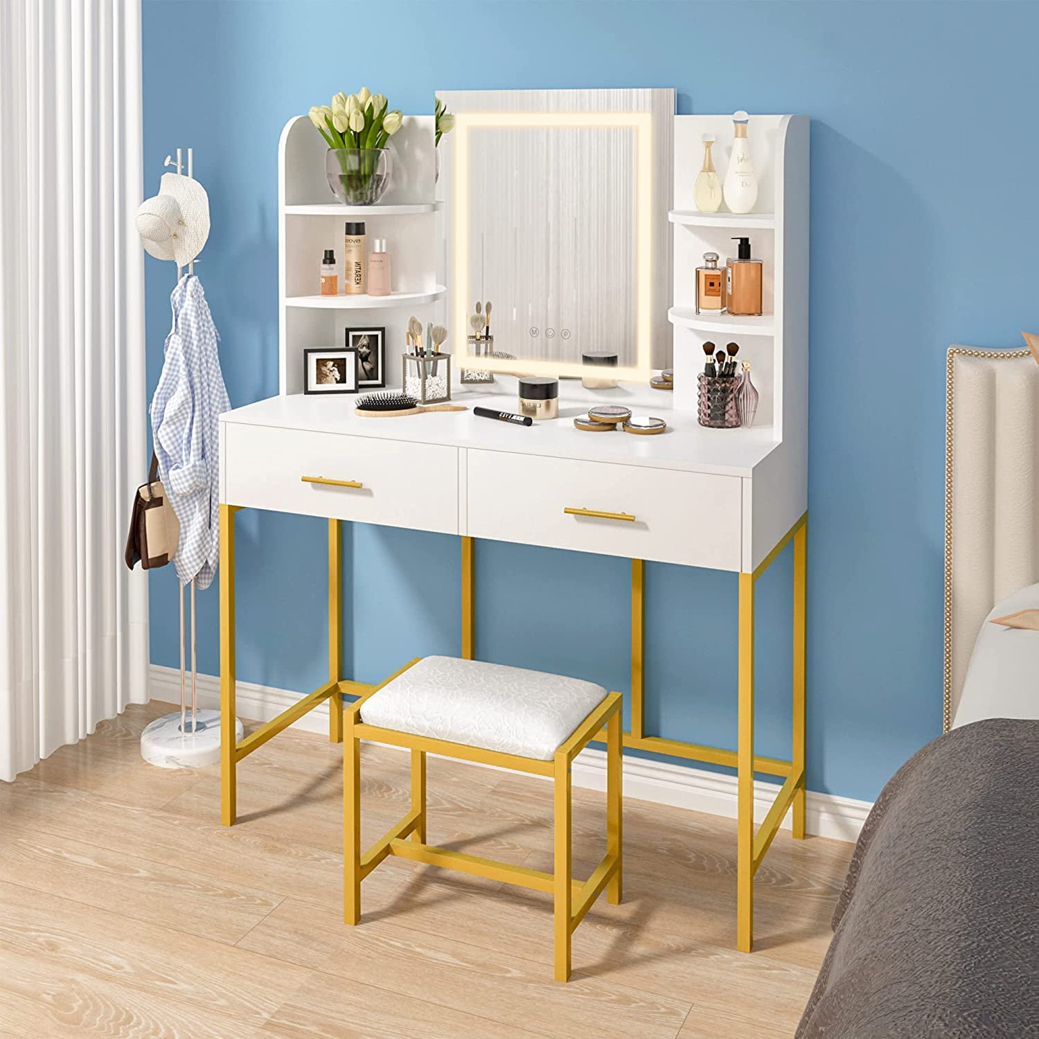 Bedroom Vanity Desk with Lighted Mirror with Dressing Stool, White ...