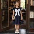 thumbnail image 3 of IPIO Girls Navy Blue Party Dress with Oversized White Bow, Ruffle Flutter Sleeves Flare Formal Dress for Wedding, Birthday, Holiday and Special Occasion, 3 of 8