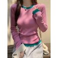thumbnail image 5 of T-Shirts en Coton à Manches Longues pour Femmes, Faux Deux Pièces, Pull-Over, Automne 2024, Rayé, 5 of 5