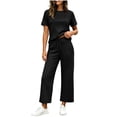thumbnail image 2 of IUYRTFE Women Solid Color Short Sleeve Top and Drawstring Wide Leg Pants Set Casual 2 Piece Outfit, 2 of 5