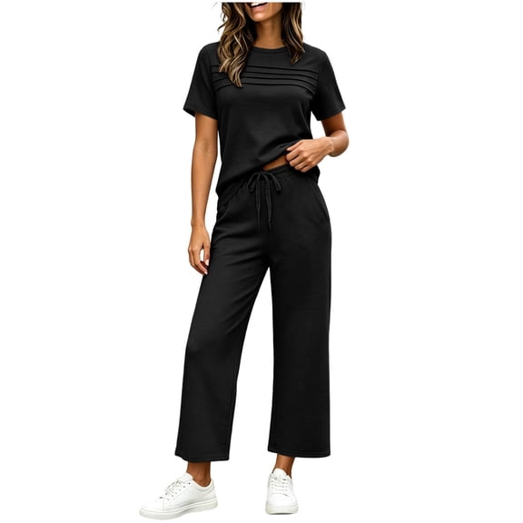Womens 2 Piece Outfits Sweatsuit Short Sleeve Tops and Drawstring Waist Cropped Wide Leg Pants Lounge Workout Sets
