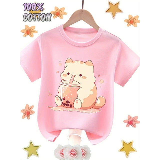 T-Shirt Imprimé Chat Mignon Boba Tea pour Enfants - Coton Doux et Respirant, Col Rond Manches Courtes pour Garçons et Filles, Parfait pour Sortie d'Été, Tee-Shirt Sportif Décontracté, Cadeaux d'Été