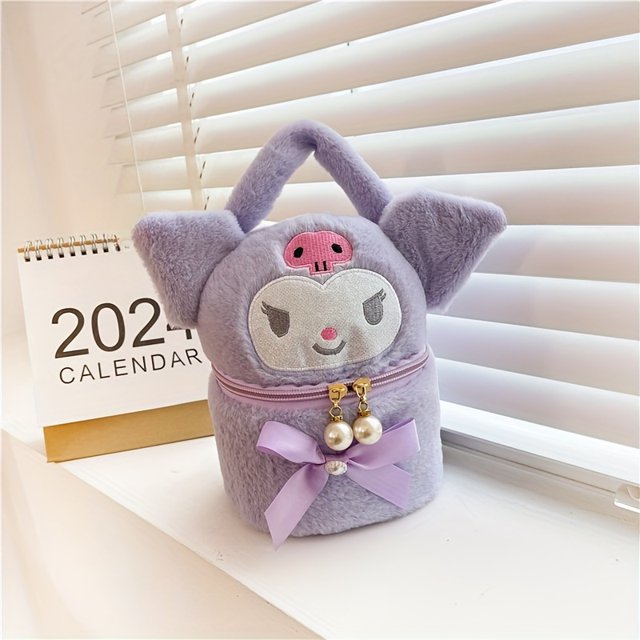 1pc, Sanrio Hello Kitty My Melody Cinnamoroll Kulomi Plush Backpack, Cartoon Cosmetic Bag With Round Pearl, Gift For Ladies, Authorized