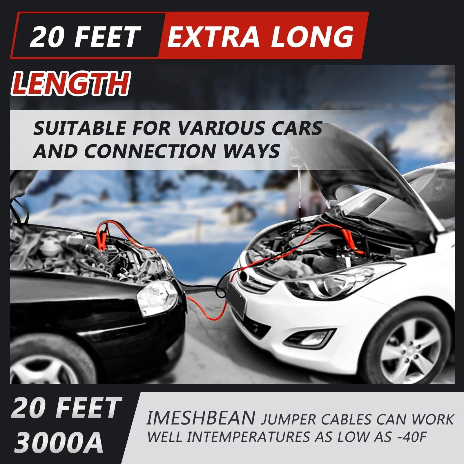 iMeshbean 20Ft Auto Jumper Cables 1 Gauge 3000AMP , Automotive Booster Cables for Car Van