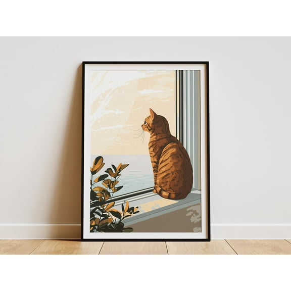 Orange Tabby Cat Windowsill Sunset Poster Modern Cat Art Print Cute Cat Lover Gift Animal Wall Decor Home Decor Orange Cat Illustration - Poster Unframed