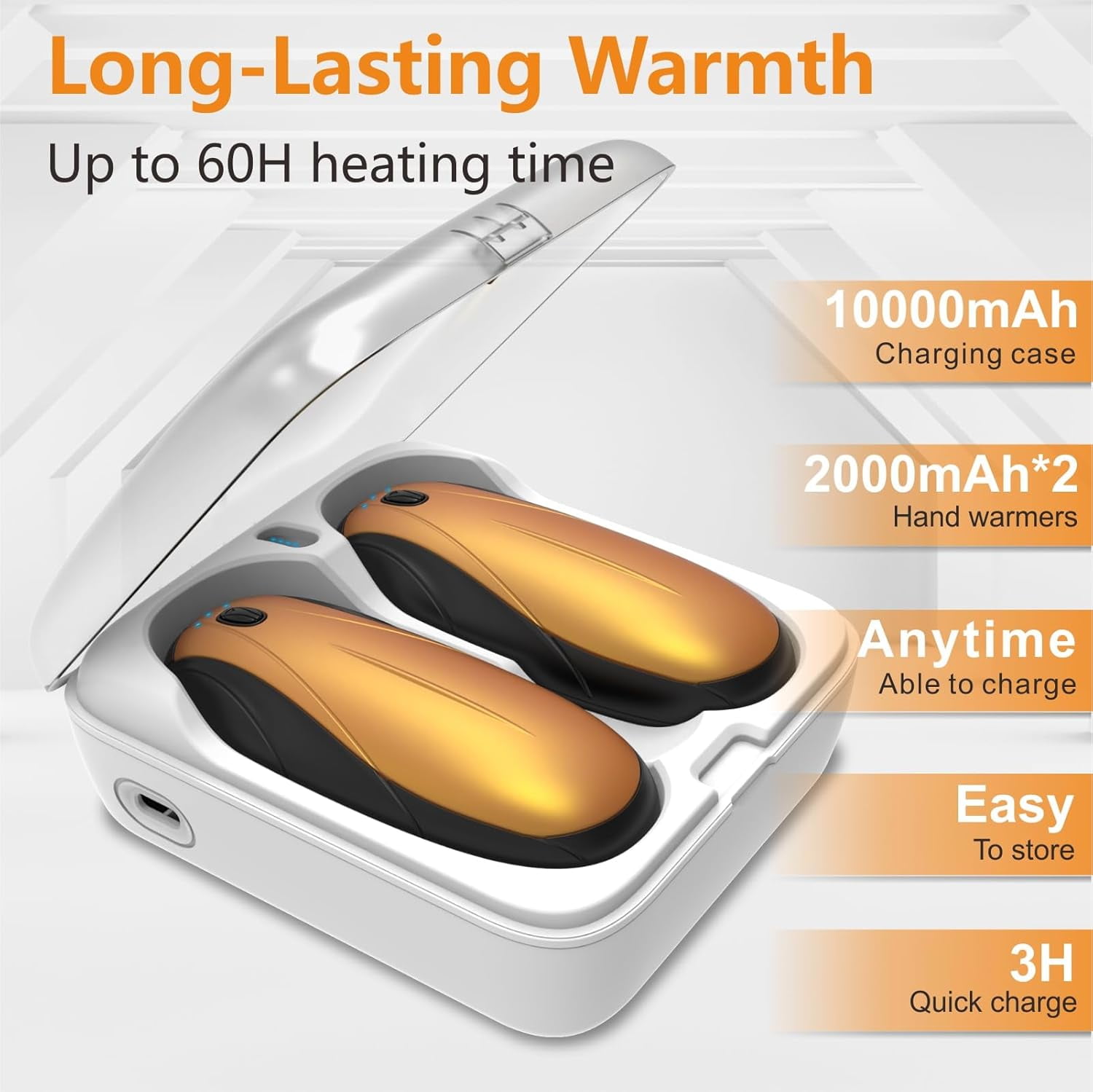 Hand Warmers Rechargeable 2 Pack, 14000mAh Electric Hand Warmers with Charging Case, Quick Charge Portable Heater,Gifts for Christmas, Winter, Outdoor, Camping, Hunting Accessories, Orange