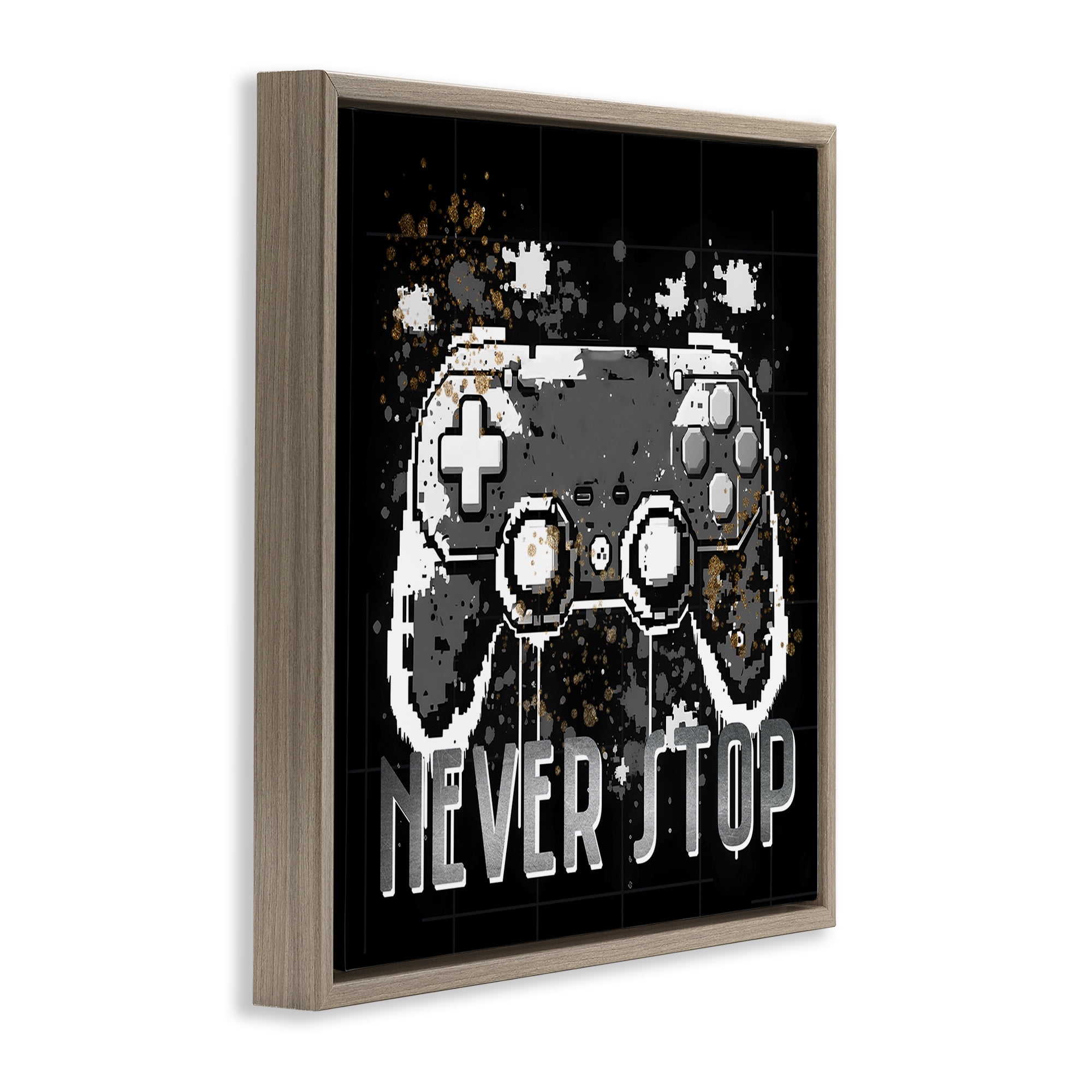 Stupell Industries Never Stop Pixel Controller Entertainment Painting Brown Floater Framed Canvas Art Print Wall Art, 18 x 18