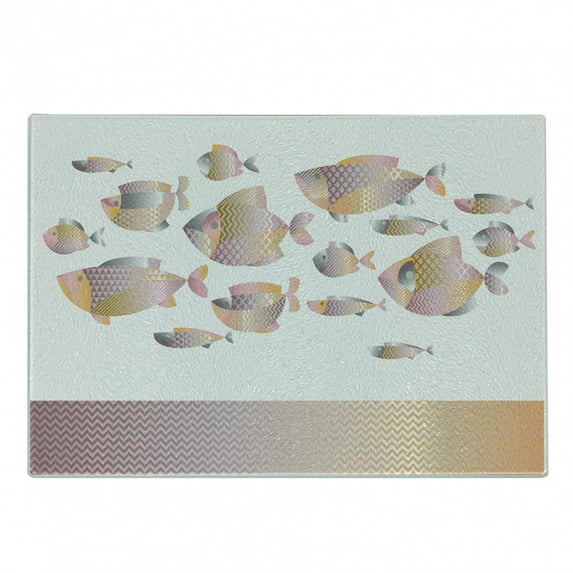 Fish Cutting Board, Modern Ocean Animal and Zigzag Border at the Bottom, Decorative Tempered Glass Cutting and Serving Board, Small Size, Pale Pink Orange, by Ambesonne
