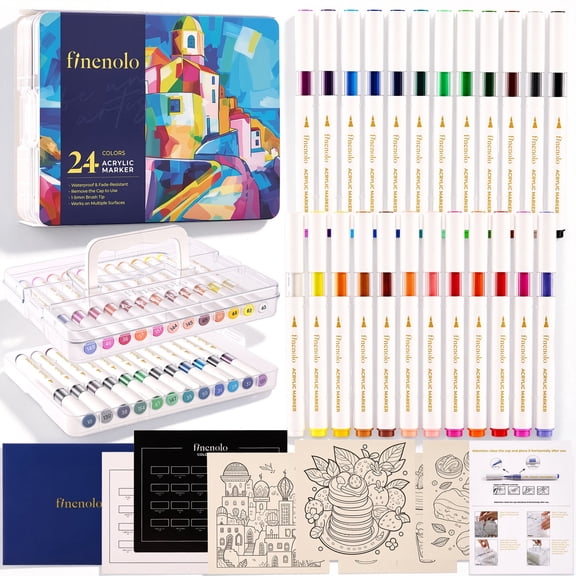 Finenolo Automatic Ink Control Acrylic Paint Markers, 24 Colors Brush Tip Pens, Acrylic Paint Pens for Rock Painting, Ceramic, Wood, Canvas, Glass, Stone, Fabric, Card Making, DIY & Art Supplies