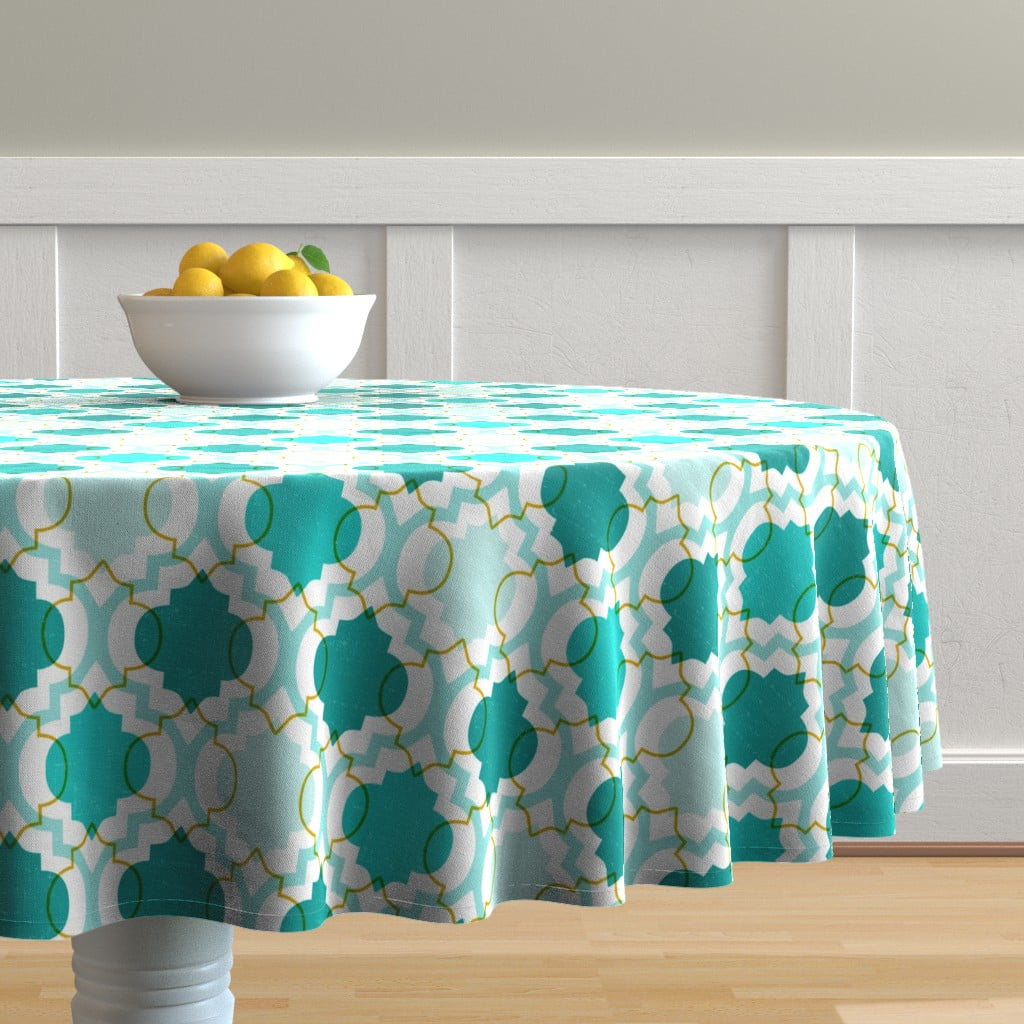 Round Tablecloth Geometric Geo Moroccan Aqua Teal Modern Cotton Sateen