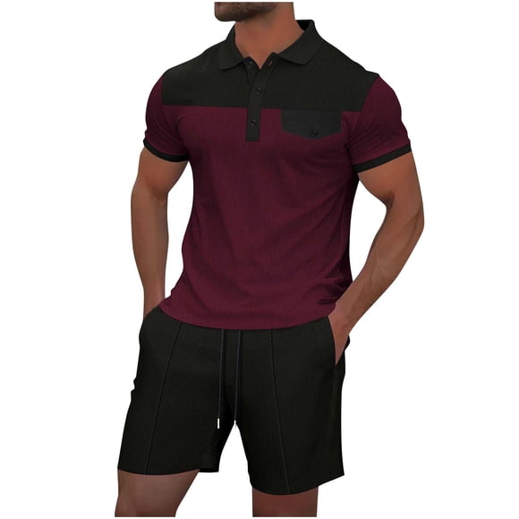 Ensemble T-shirt à Revers pour Homme, Hauts à Manches Courtes à Boutons, Hauts Unis à Fausse Poche, Shorts Confortables à Taille Élastique, Ensemble Deux Pièces Décontracté et Tendance, Ensembles Assortis Stylés pour Tous les Jours, Bas de Détente Estivaux Décontractés