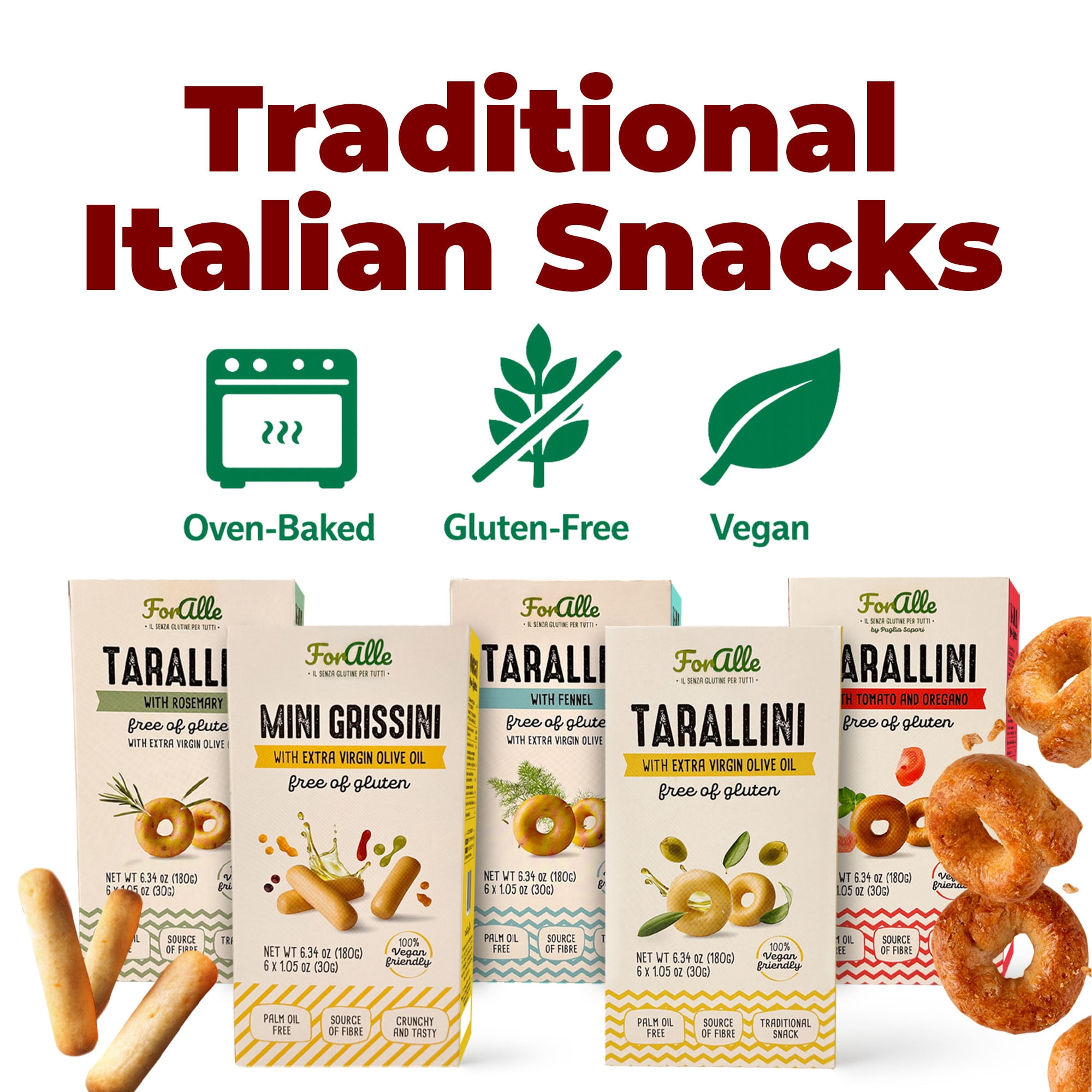 For Alle Gluten-Free Tarallini and Mini Grissini Bundle, Set of 5 – Traditional Italian Pugliese Snack with Extra Virgin Olive Oil, Fennel, Rosemary, Tomato and Oregano. Oven-Baked. Vegan