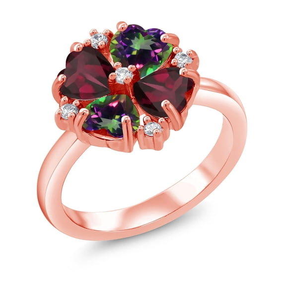 Gem Stone King 18K Rose Gold Plated Silver Red Rhodolite Garnet and Green Mystic Topaz Ring for Women (2.38 Cttw, Heart Shape 5MM, Gemstone January Birthstone, Size 9)