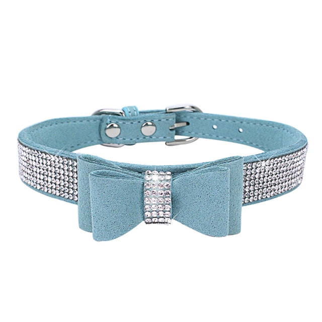 Methold Decoración para mascotas Cachorro Perro Gato Collar ajustable prop Correa Hebilla Rhinestone PULeather Suministros para perros azul claro L