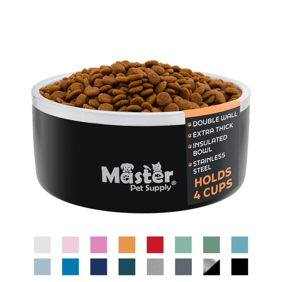 Master Pet Supply Stainless Steel Dog Bowls - 32 oz, Heavy Duty - Black Velvet, Double Wall Extra-Thick Insulated, Non-Slip Pet Water Bowl for Dogs, Cats & Pets, Anti Rust Metal, Dish Washer Safe