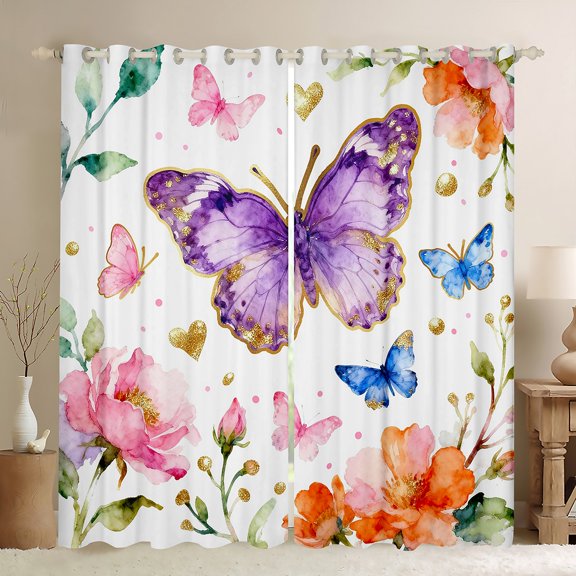 Castle Fairy Flying Butterlies Blackout Curtains Set of 2 (52x84 Each),Watercolor Flowers Window Curtains,Bling Gloden Glitter Curtains and Drapes,Lightweight Room Decor