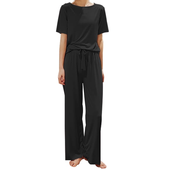 IMENGL Women's Pajamas Set Loungewear 2 Short Sleeve Top and Long Pants Onesises Sleepwear Pajama Sets for Women,Black
