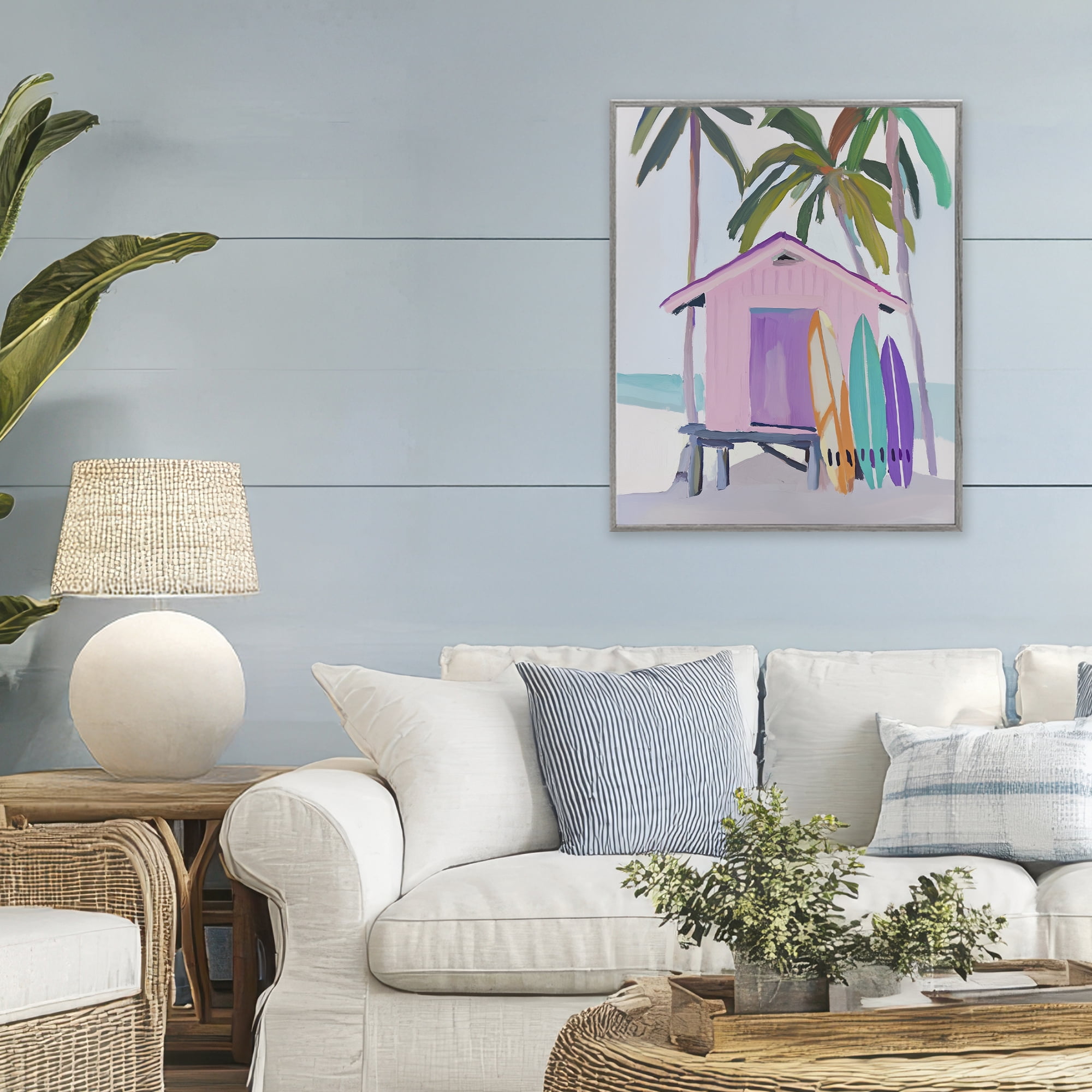 Stupell Industries Pink Beach Hut with Surfboards Gray Framed Giclee Art, design by Sisi and Seb