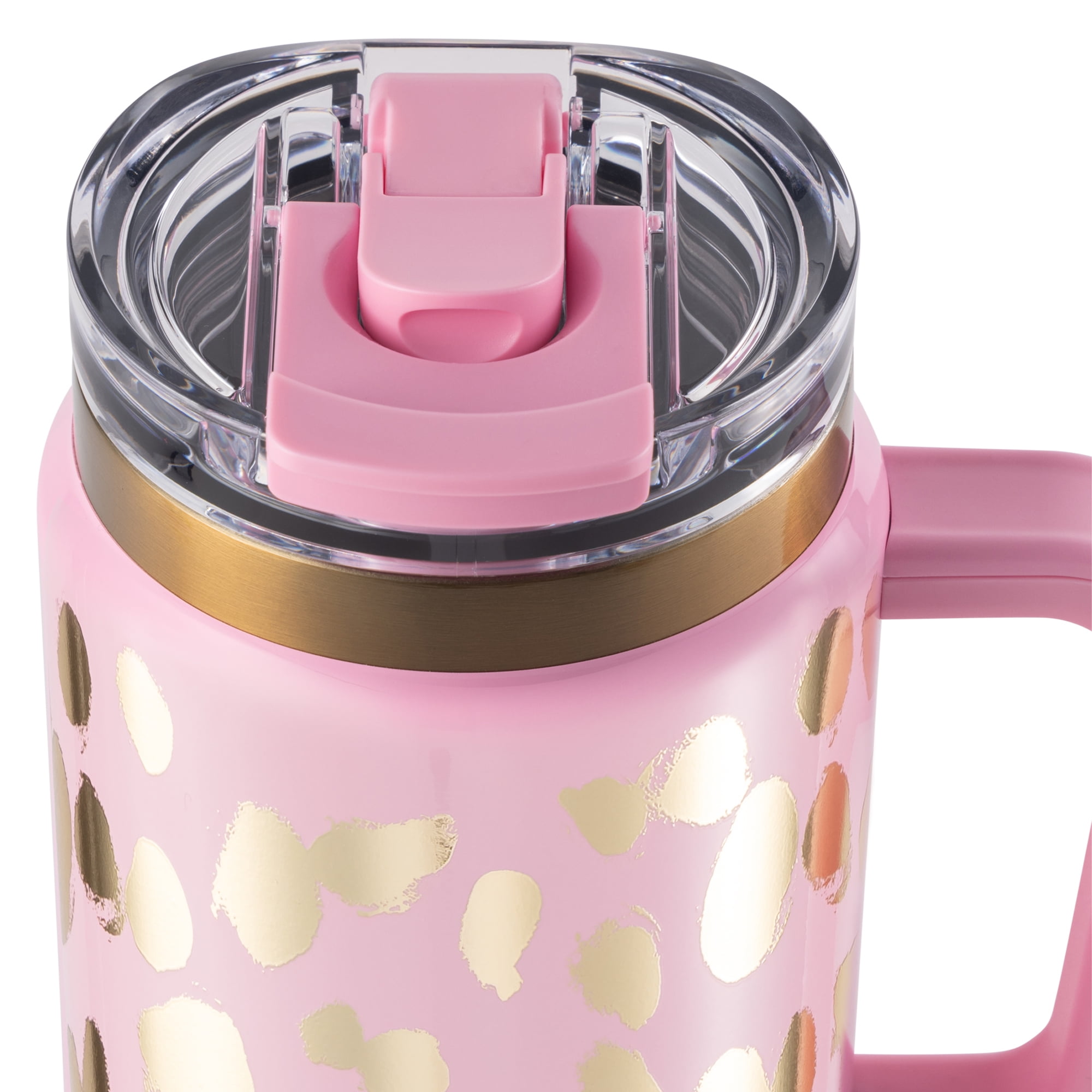 Thyme & Table 32oz Tumbler with Handle, Dual Straw Lid, Stainless Steel Double Wall Insulated, Pink & Gold Dot