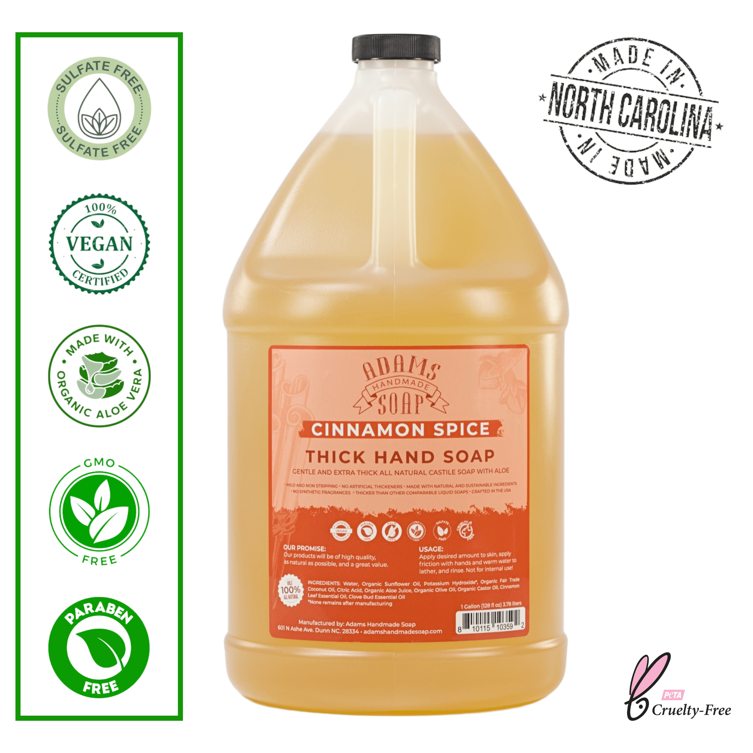Cinnamon Spice Organic Liquid Castile Hand Soap 1 Gallon Refill Adams Handmade Soap