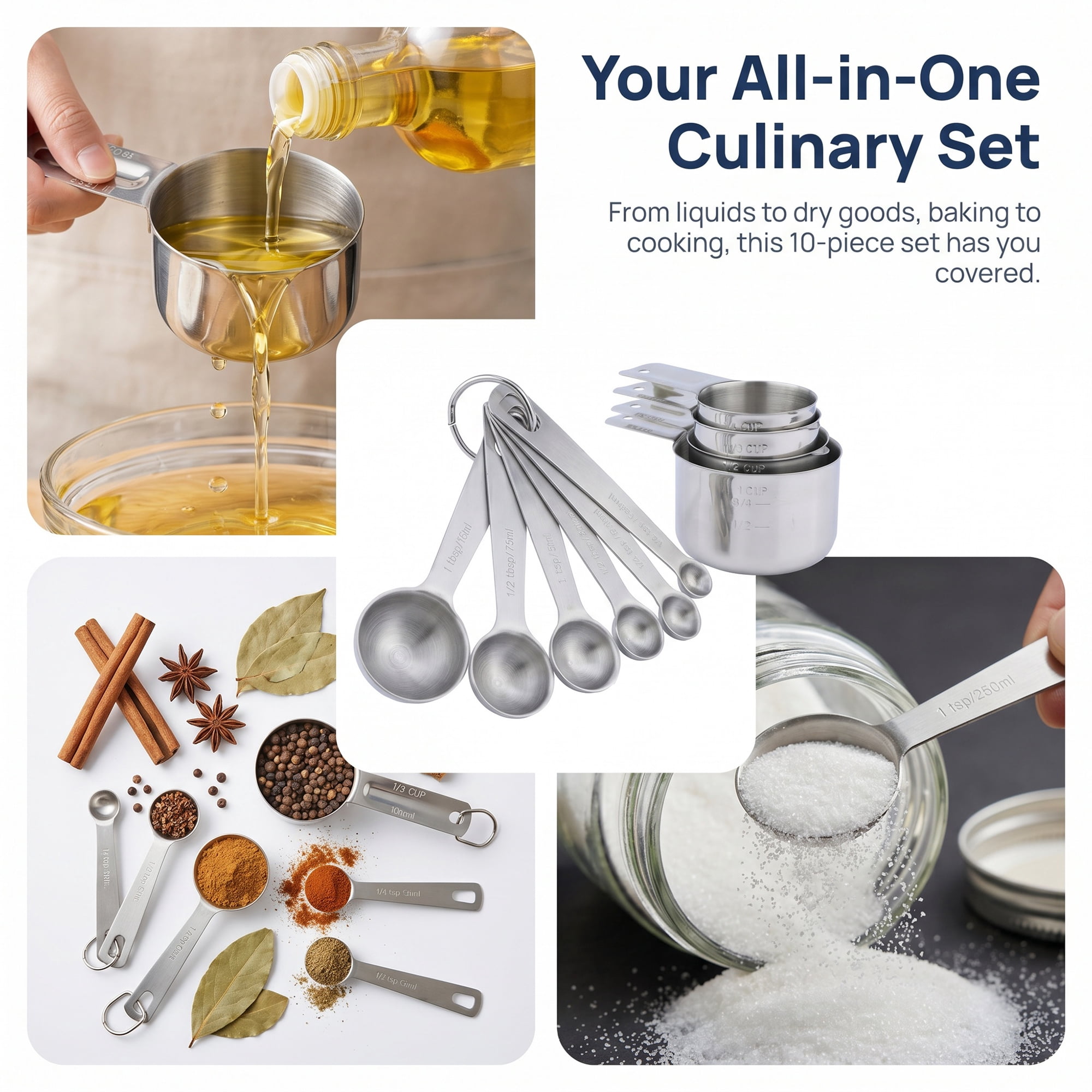 Unique Bargains Durable Stainless Steel Measuring Cups and Spoons Set Silver 10Pcs