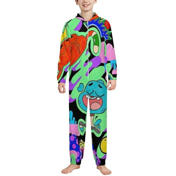 Kids Amazing World of Gum-bal Onesie Pajamas Zip Up One Piece Hooded Sleepwear Fleece Jumpsuits for Boys Girls