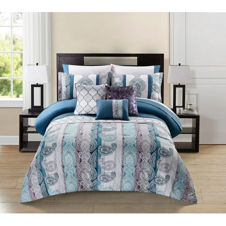 10 Piece Meryanne Teal/Gray/Plum Comforter Set w/Sheets