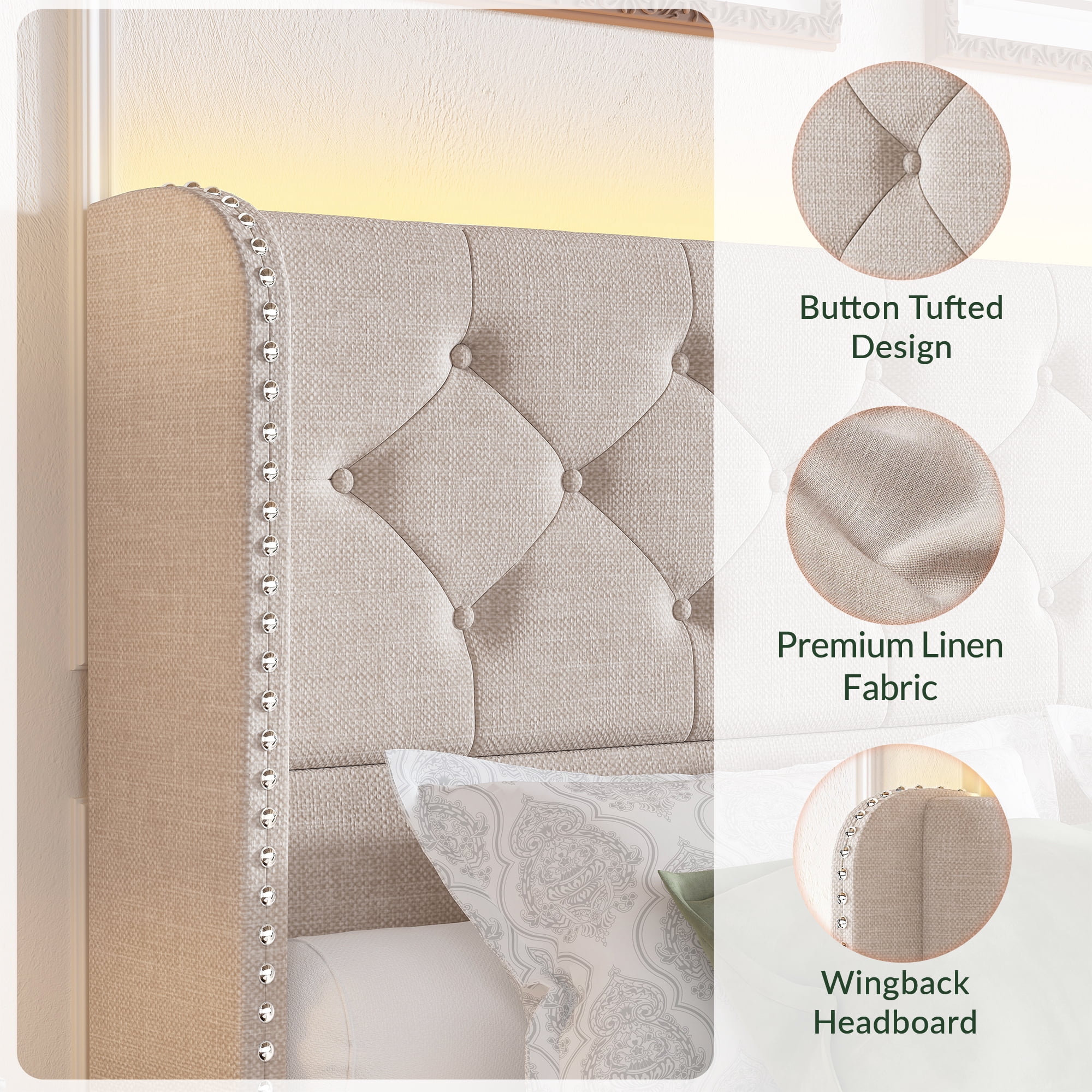 Queen Size Bed Frame with Storage Drawers and Tufted Headboard Velvet Upholstered Platform Bed Frame with LED Light Wingback, Beige