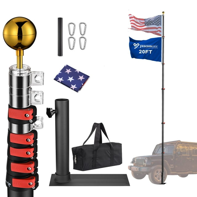Yescom EZ GO 20ft Telescopic Flag Pole Kit Wheel Tire Mount Stand Upgrade Rotating Lock Outdoor Camper RV Tailgate Black