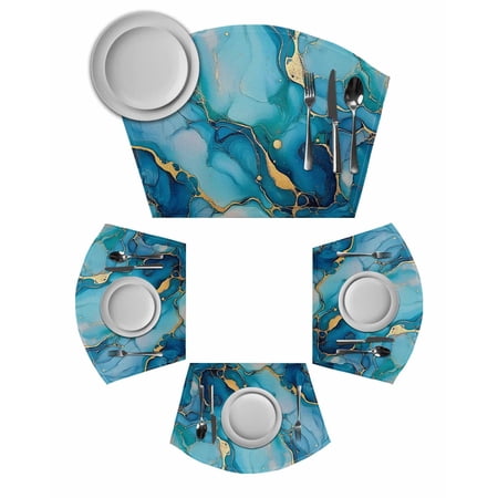 Modern Turquoise Round Placemats Set of 2, Abstract Teal Gold Marble Textured Placemats for Round Dining Table Shape Wedge Placemats for Outdoor Indoor Wipeable Clean Table Place Mats