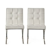 Noble House Harper Modern Bonded Leather Dining Chairs, Set of 2,Silver,White